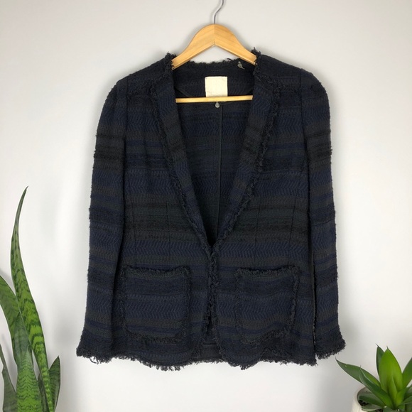 Rebecca Taylor Tweed Blazer with Frayed Edges Navy - Picture 2 of 16